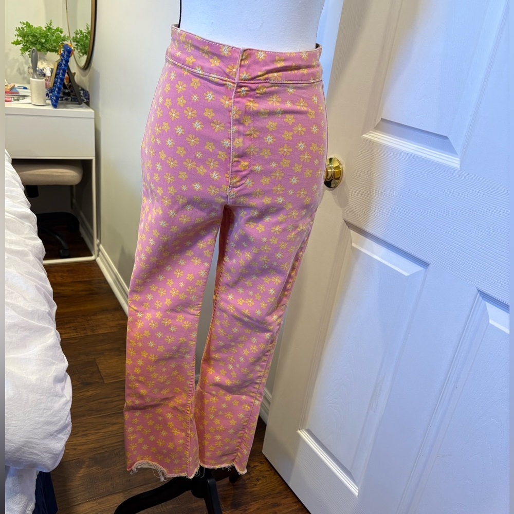 🌷Zara Retro Pink & Yellow Floral Straight Leg Jeans Size 6 Spring Y2K 3/$30